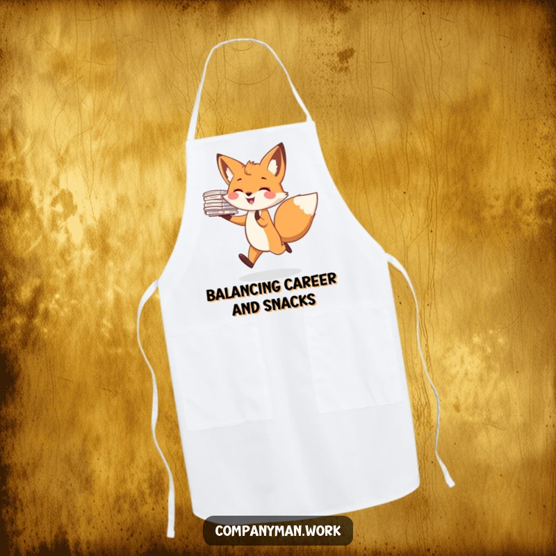 Funny apron featuring a joyful fox character skipping merrily, balancing a stack of papers. A humorous kitchen accessory for any occasion.