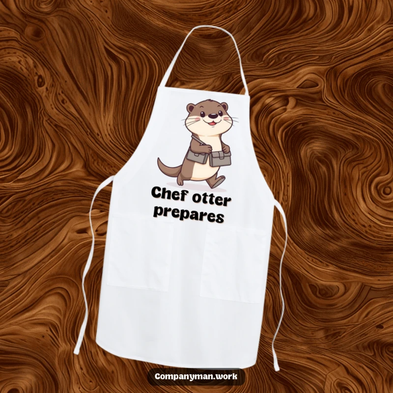 Funny otter with a briefcase walking briskly, on a durable apron, promoting a functional and funny gift.