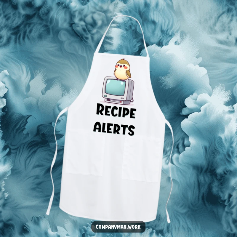 Funny chickadee perched on a miniature computer monitor, chirping joyfully, adding a touch of tech-themed cheer to this apron.