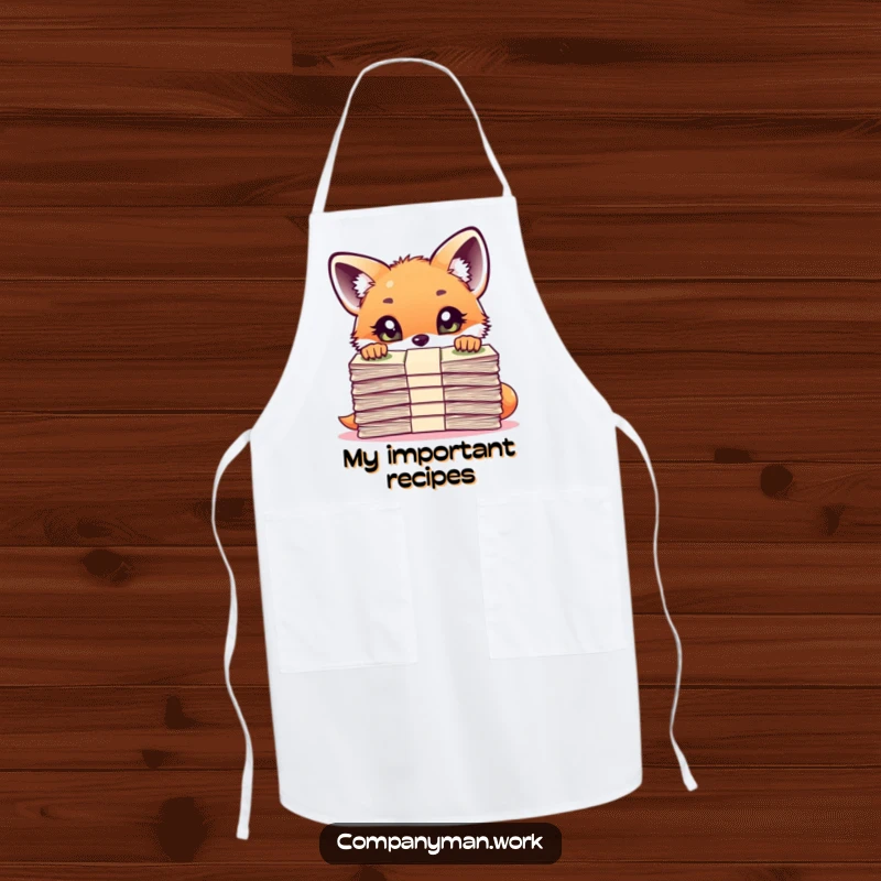 Funny curious fox cub peering over a large stack of important documents on a kitchen apron, adding observational humor.