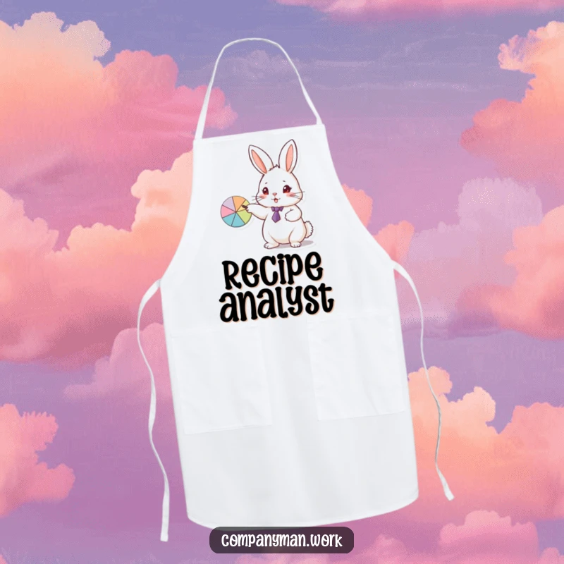 Funny apron showing a small rabbit in a tiny tie pointing at a pie chart, a comical kitchen accessory.
