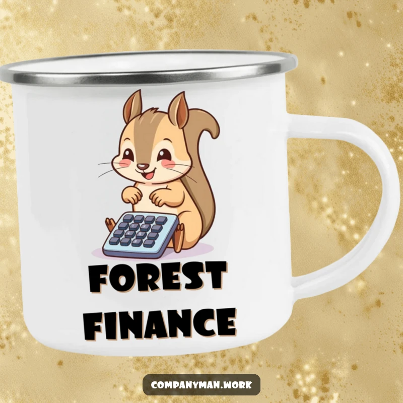 Funny squirrel enthusiastically tapping a tiny calculator, perfect for enjoying hot beverages during outdoor adventures with a humorous touch.