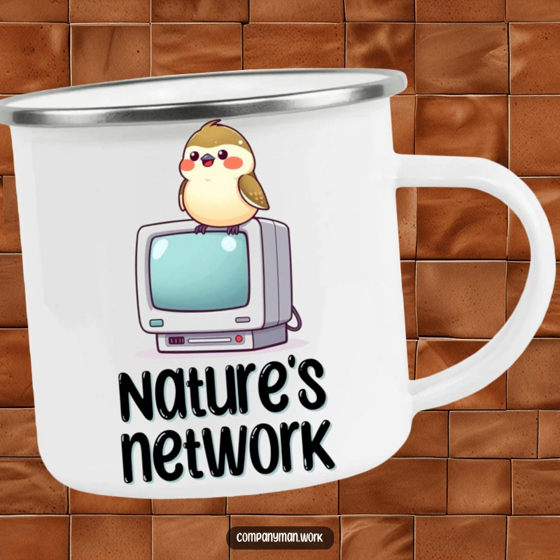 Funny chickadee perched on a tiny computer monitor, chirping joyfully, perfect for enjoying hot beverages with tech-themed cheer.