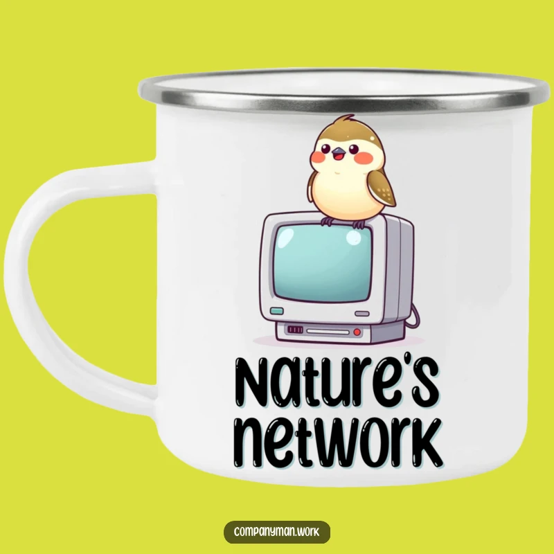 Funny Chickadee Computer Camping Mug: Adventure Fuel with Cheerful Tech