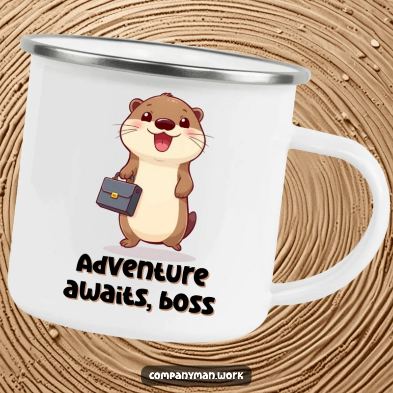 Funny camping mug showing a cheerful otter holding a tiny briefcase and jumping excitedly, great for outdoor business humor.