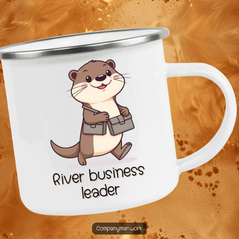 Funny otter with a briefcase walking determinedly, on a rustic camping mug, perfect for outdoor humor and a funny gift.