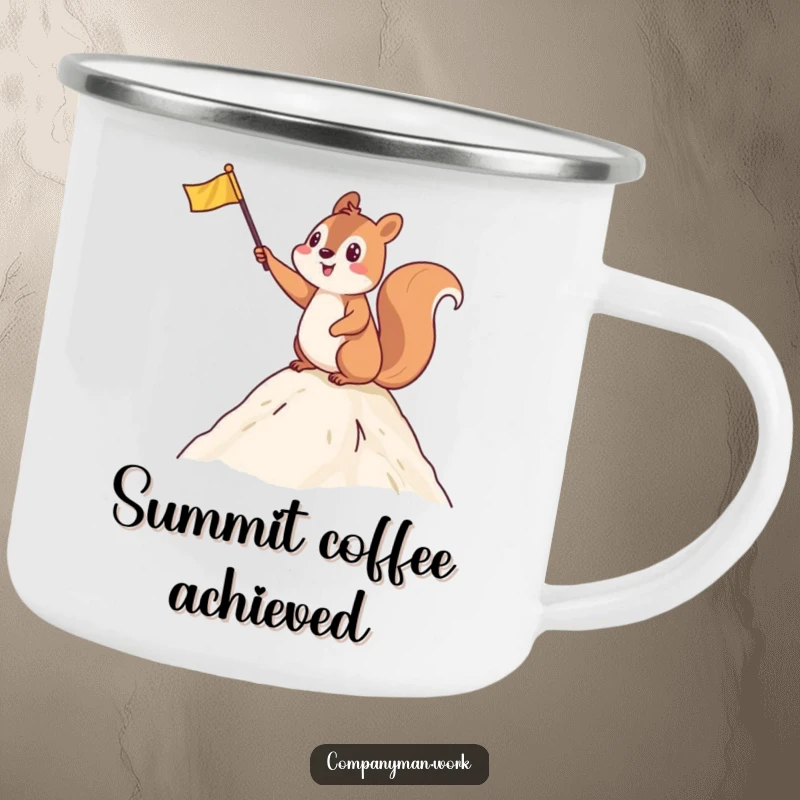 Funny enamel camping mug with a triumphant squirrel waving a flag at a summit, perfect for celebrating outdoor achievements.