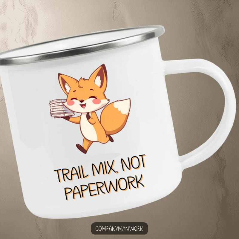 Funny camping mug with a joyful fox character skipping merrily, balancing a stack of papers. A durable and humorous mug for outdoor use.