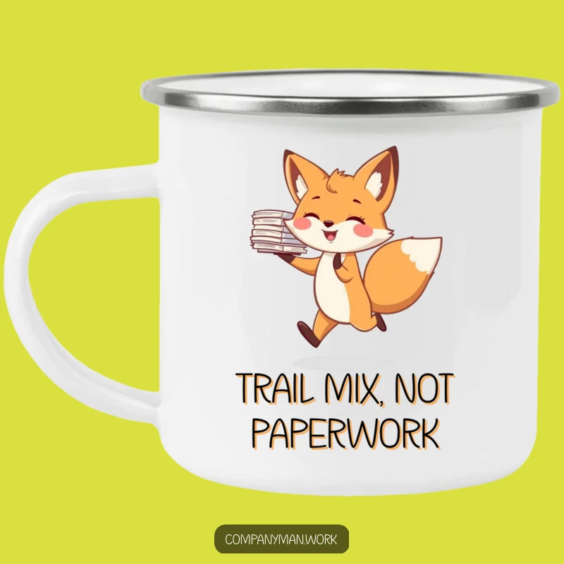 Funny Fox Skipping Papers Camping Mug: Durable & Hilarious Outdoor Gift