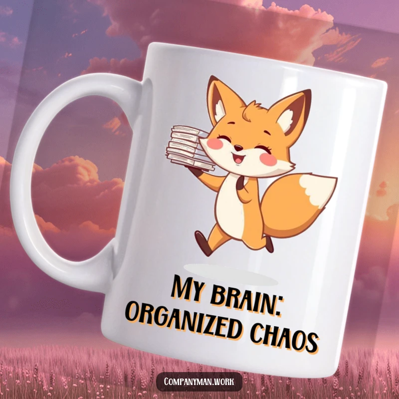 Funny fox mug, joyfully skipping with a tall stack of papers, symbolizing office work and playful chaos. A hilarious gift idea.