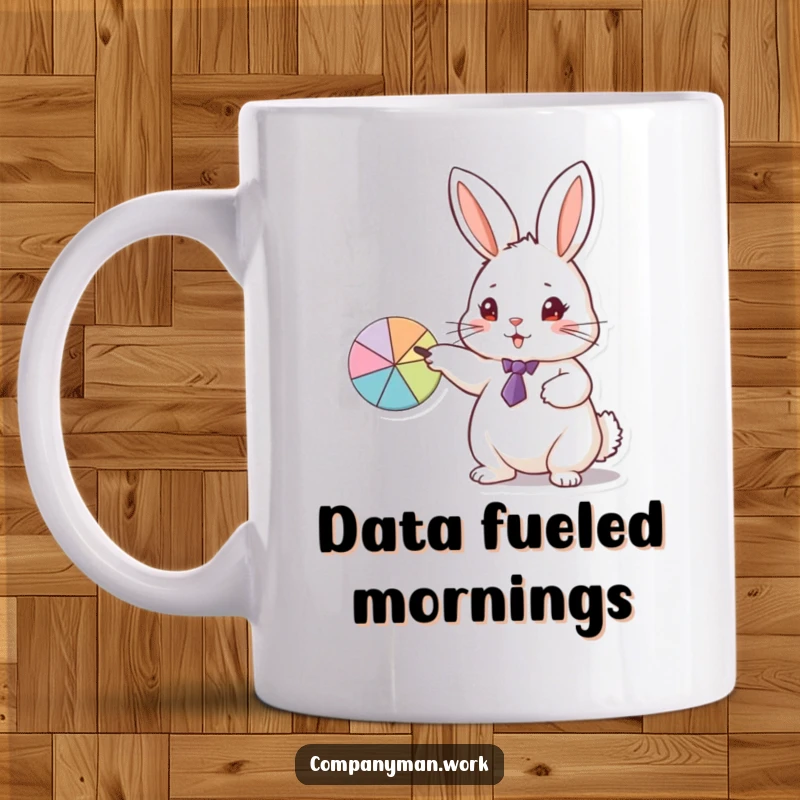 Funny mug featuring a small, fluffy rabbit in a tiny tie, enthusiastically pointing at a pie chart, a business presentation.