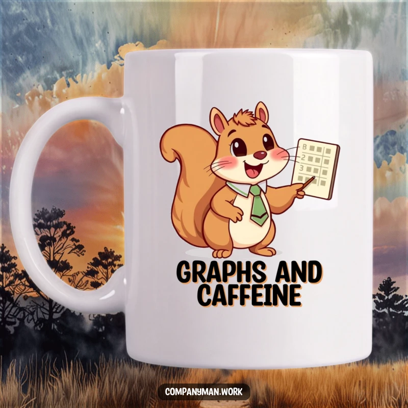 Funny squirrel in a tie pointing enthusiastically at a chart on a mug, ideal for a funny gift.