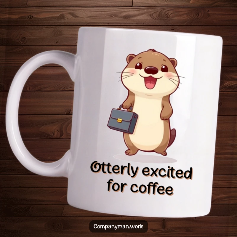 Funny mug featuring a cheerful otter holding a tiny briefcase, jumping excitedly, symbolizing business success and joy.