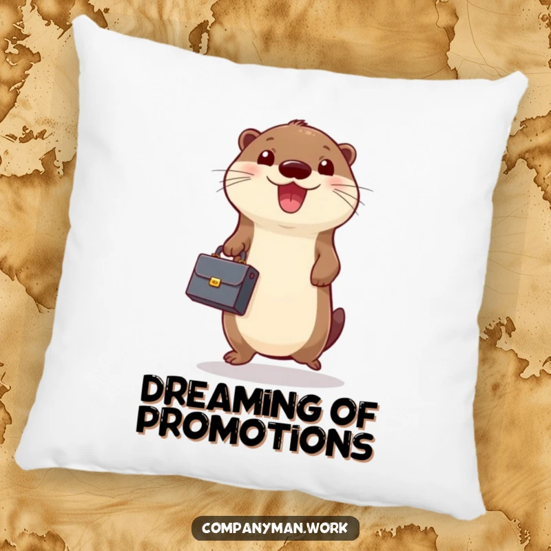 Funny pillow depicting a happy otter holding a small briefcase and jumping excitedly, a cute and comical business design.