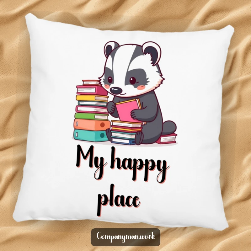 Funny pillow featuring a busy badger meticulously organizing tiny colorful folders. A soft and humorous accent for any seating area.
