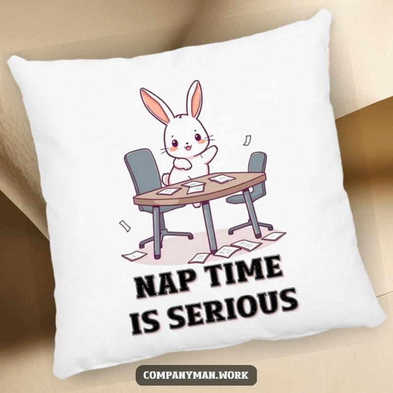 Funny playful bunny hopping onto a miniature conference table, scattering papers, featured on a soft pillow for playful decor.