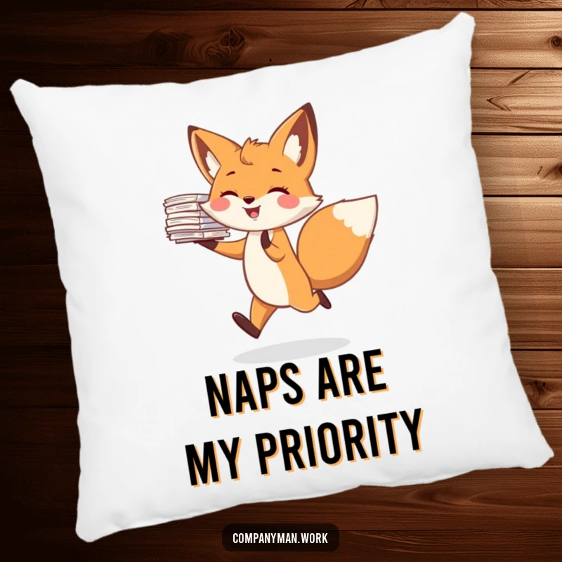 Funny pillow with a joyful fox character skipping merrily, holding a stack of papers. A soft and humorous home decor item.