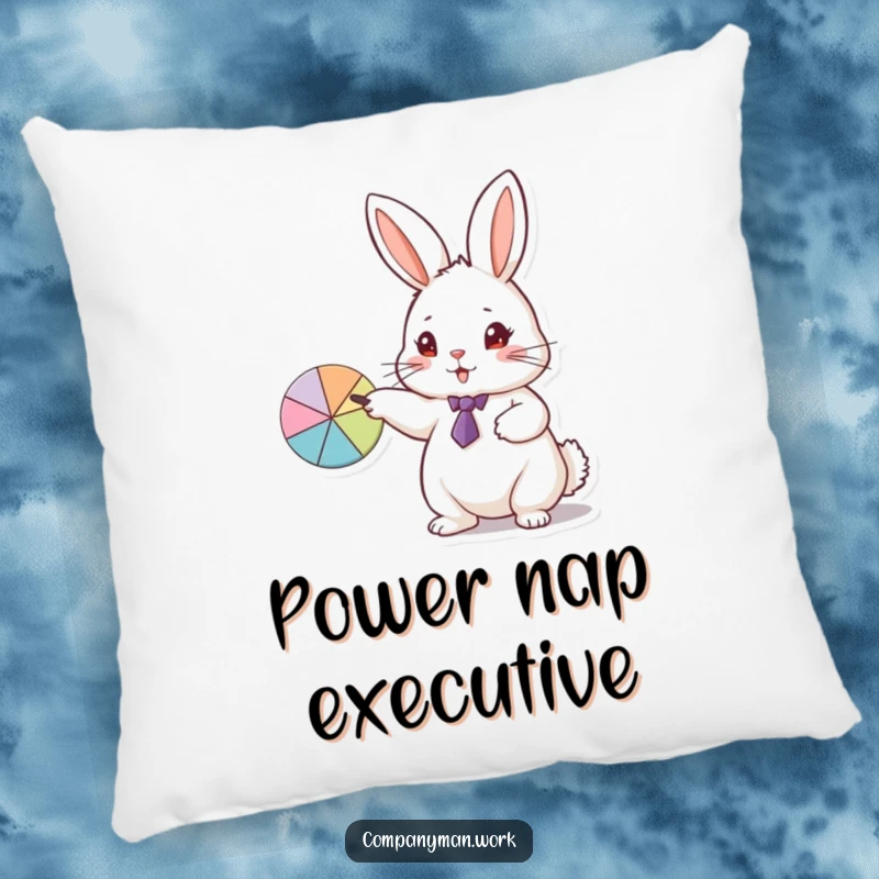 Funny pillow depicting a fluffy rabbit in a tiny tie pointing at a pie chart, a cute and comical business design.