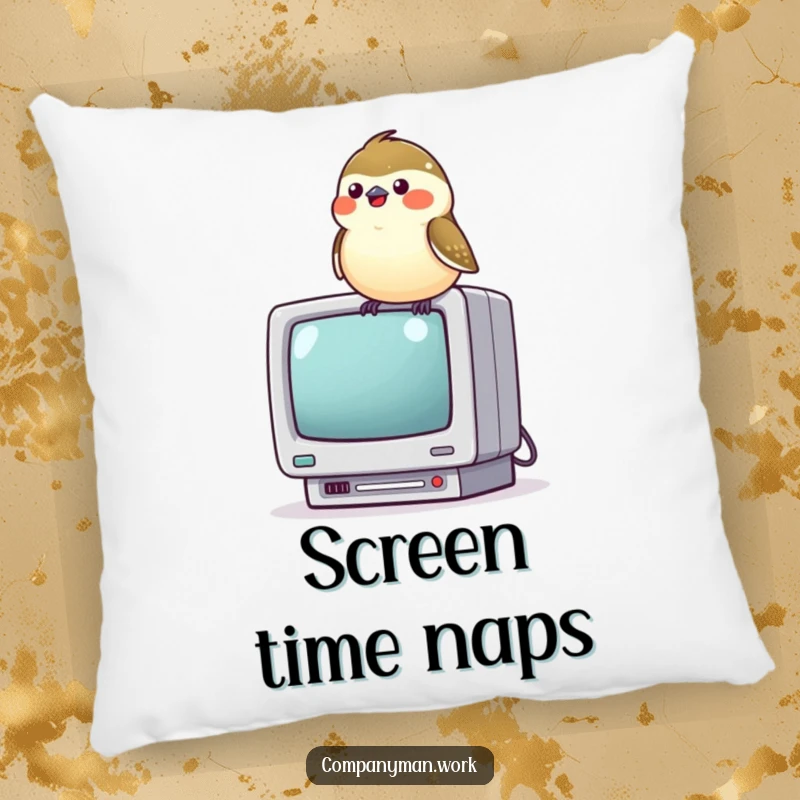 Funny chickadee perched on a tiny computer monitor, chirping joyfully, offering plush comfort and cheerful tech humor.