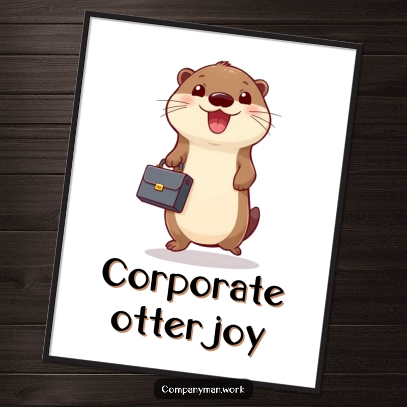 Funny digital art print of a cheerful otter holding a tiny briefcase and jumping excitedly, printable artwork.