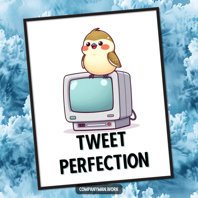 Funny chickadee perched on a miniature computer monitor, chirping joyfully, a whimsical digital art piece bringing tech humor and avian charm.