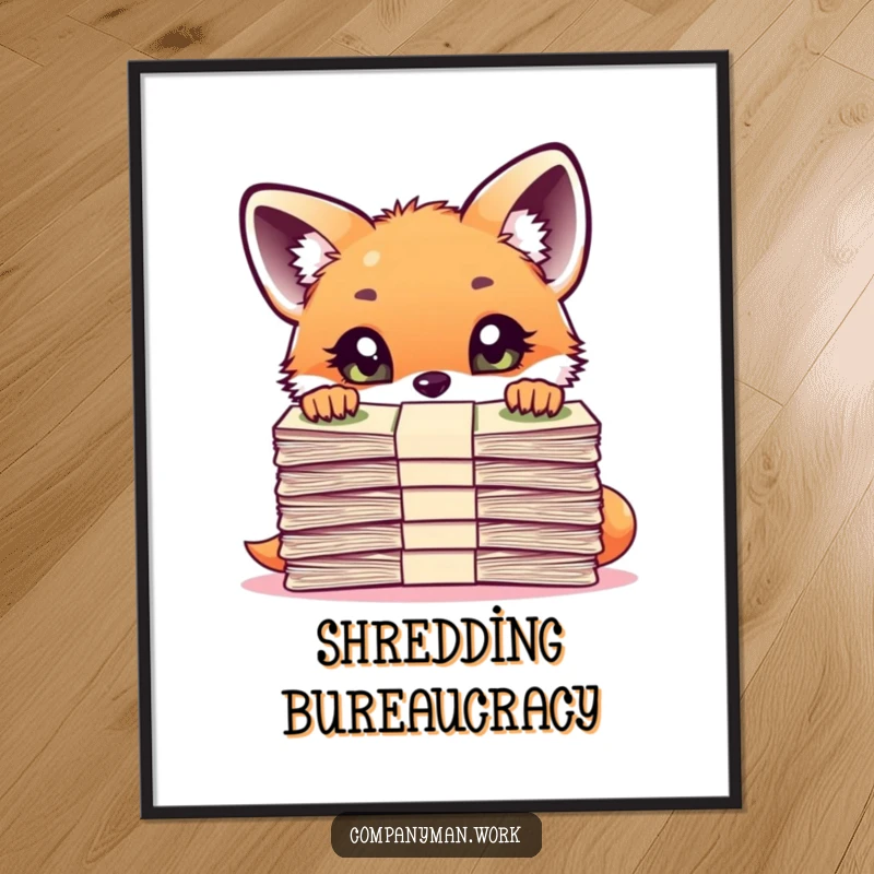 Funny curious fox cub peering over a large stack of important documents, presented as digital wall art for observers.