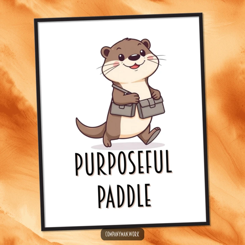 Funny happy otter wearing a briefcase, walking briskly, whimsical digital art print, excellent funny gift.