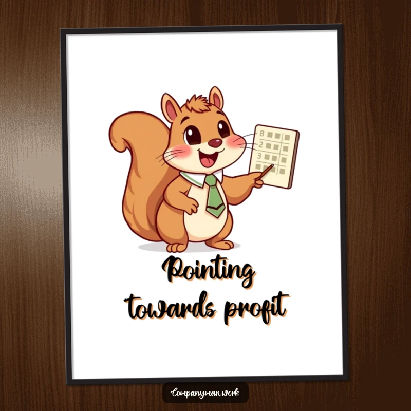 Funny squirrel in a tie pointing enthusiastically at a chart, whimsical digital art print, excellent funny gift.