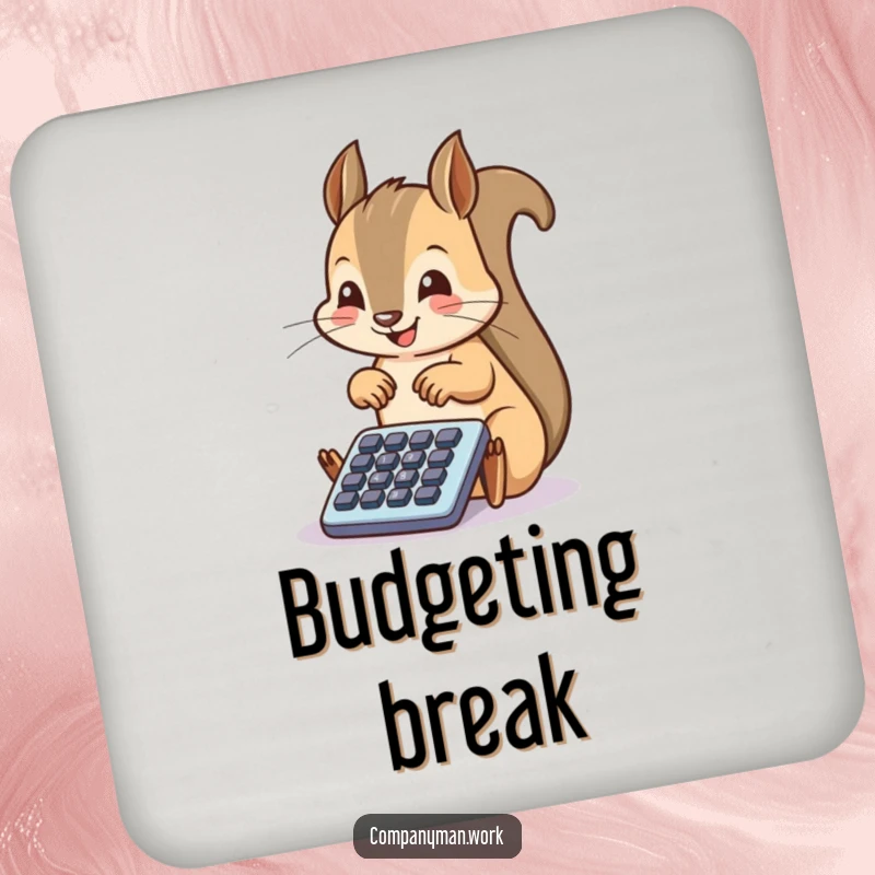 Funny squirrel focused on a miniature calculator, adorning your surfaces with humor and protecting them from drink rings.