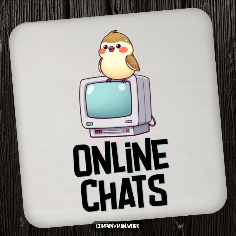 Funny chickadee perched on a miniature computer monitor, chirping joyfully, protecting your surfaces with tech-themed humor.