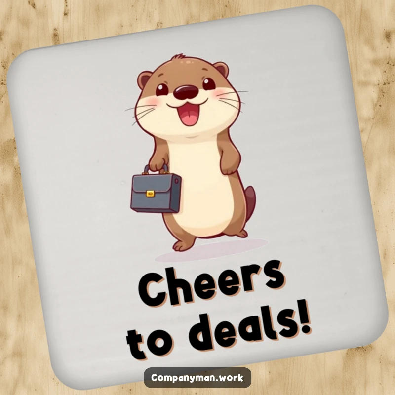Funny drink coaster featuring a happy otter holding a miniature briefcase and jumping excitedly, a cute and comical protector.