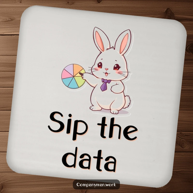 Funny drink coaster featuring a fluffy rabbit in a tie pointing at a pie chart, a charming and humorous protector.
