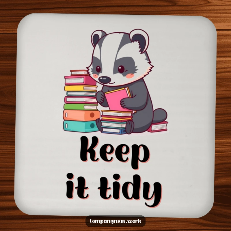 Funny drink coaster featuring a busy badger meticulously organizing tiny colorful folders. A humorous accessory for protecting tables.