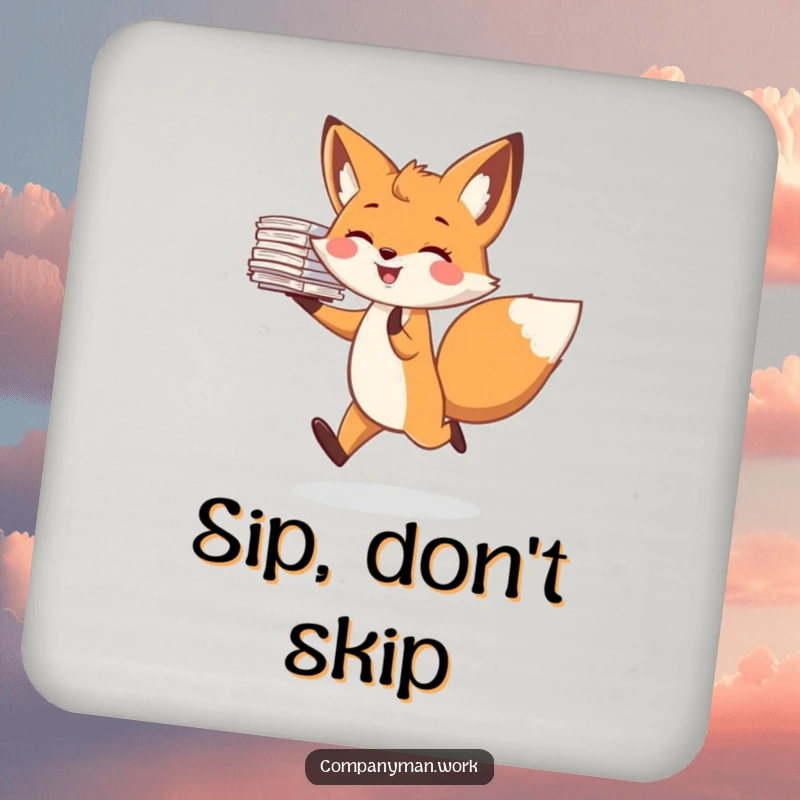 Funny drink coaster with a joyful fox character skipping merrily, holding a stack of papers. A humorous and protective accessory.