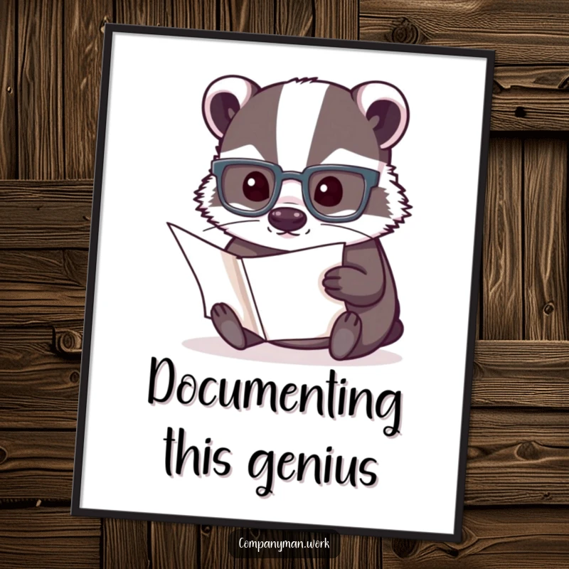 Funny poster art of a focused badger wearing reading glasses, meticulously examining a document, bringing intellectual humor to decor.