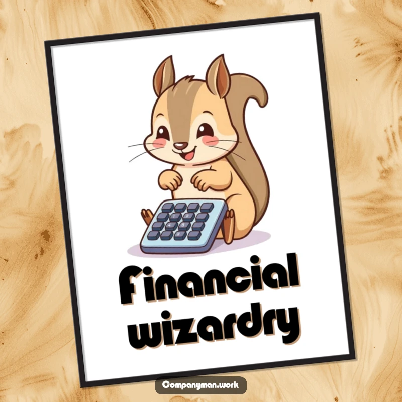 Funny squirrel peering intently at a tiny calculator, bringing whimsical office humor and adorable character to your wall.