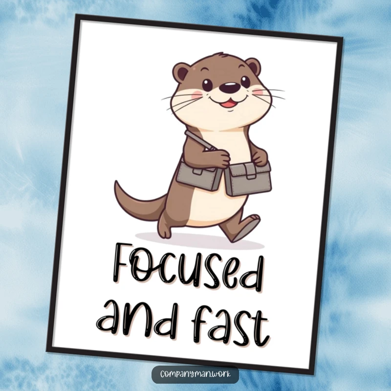 Funny happy otter wearing a small briefcase, walking with a determined stride, vivid poster art, ideal for humorous wall decor and a funny gift.