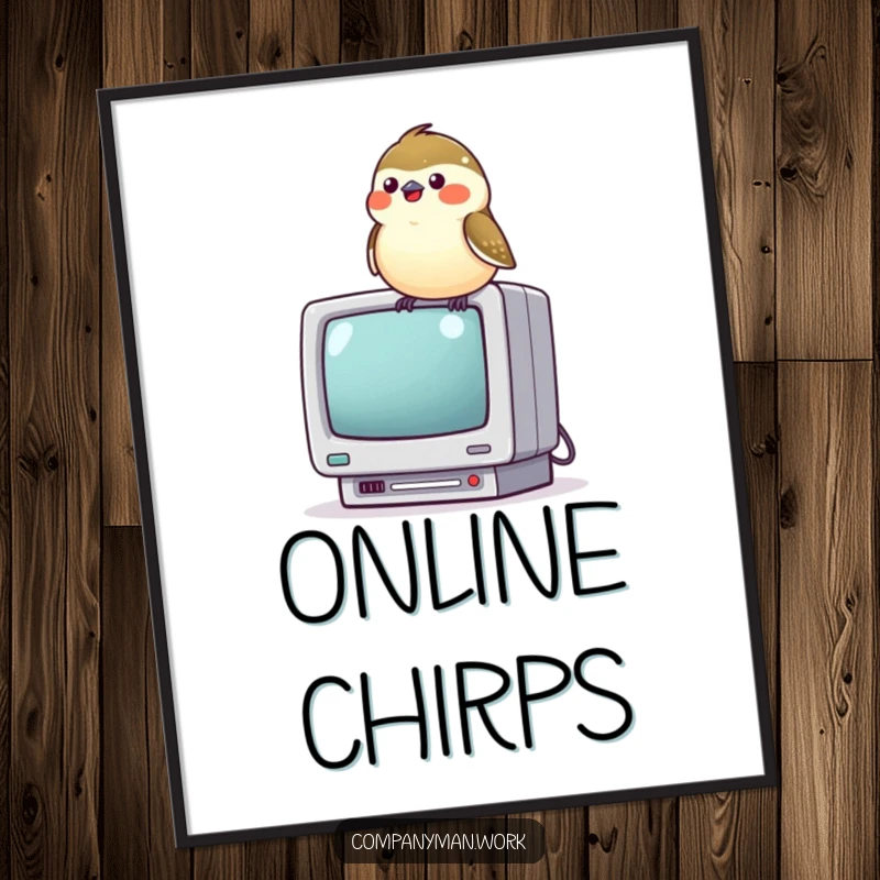 Funny chickadee perched on a miniature computer monitor, chirping with delight, creating whimsical wall art.