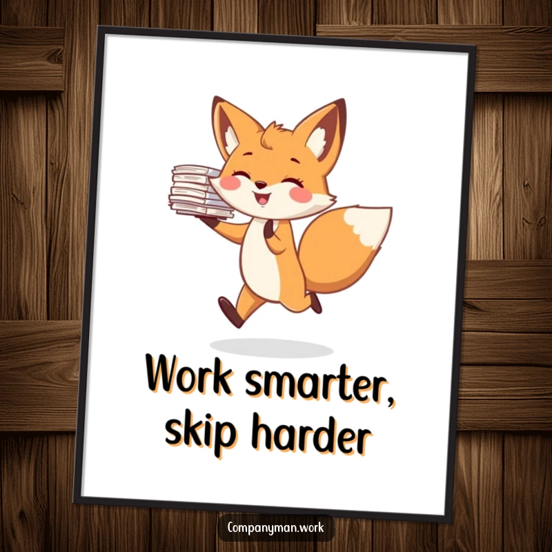 Funny poster featuring a joyful fox character skipping merrily, balancing a tall stack of papers. Ideal for office or home decor.