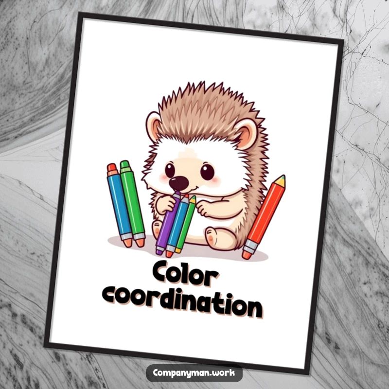 Funny hedgehog meticulously sorting colorful pens with its nose, creating whimsical wall art that celebrates organization and charm.