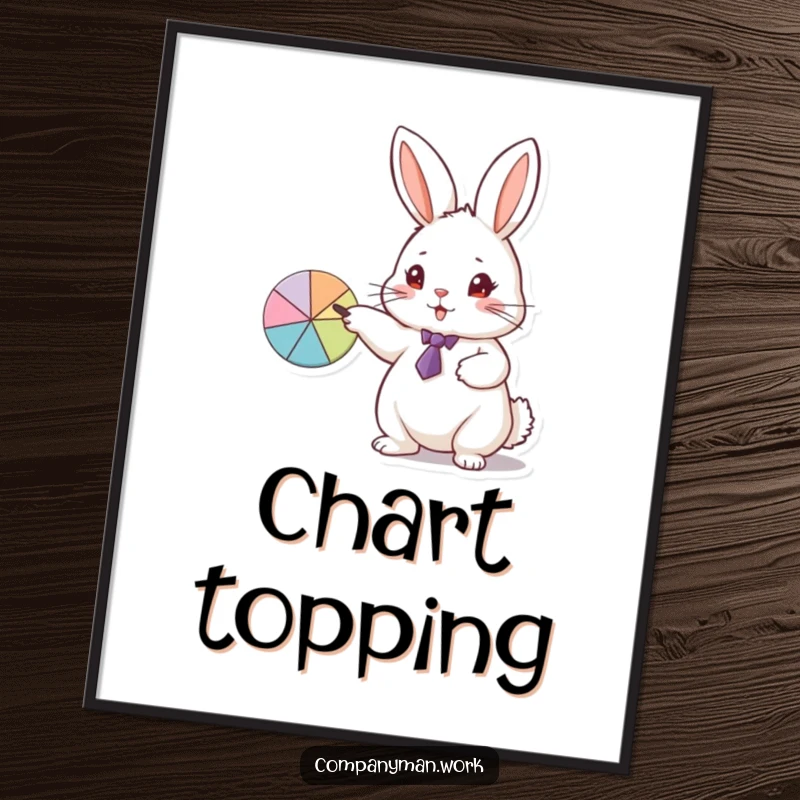 Funny poster of a small rabbit in a tie enthusiastically pointing at a pie chart, a humorous business presentation scene.