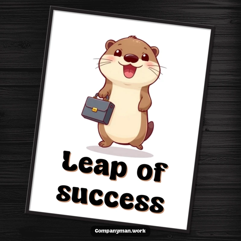 Funny poster of a cheerful otter holding a tiny briefcase and jumping up and down, a humorous depiction of business success.