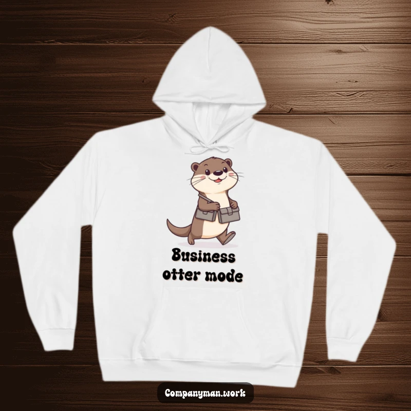 Funny otter with a briefcase walking determinedly, depicted on a cozy hoodie, perfect funny gift.