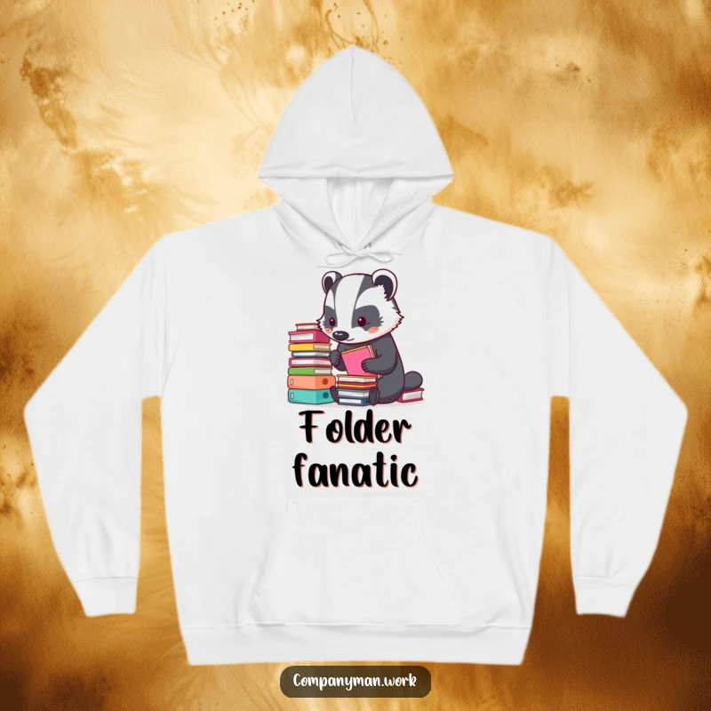 Funny hoodie featuring a busy badger meticulously arranging small, colorful folders. Captures the essence of focused organization with humor.