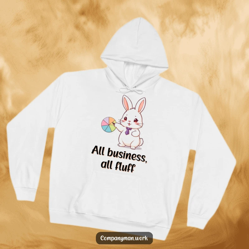 Funny hoodie depicting a small rabbit in a tiny tie, enthusiastically pointing towards a pie chart, a humorous business meeting.