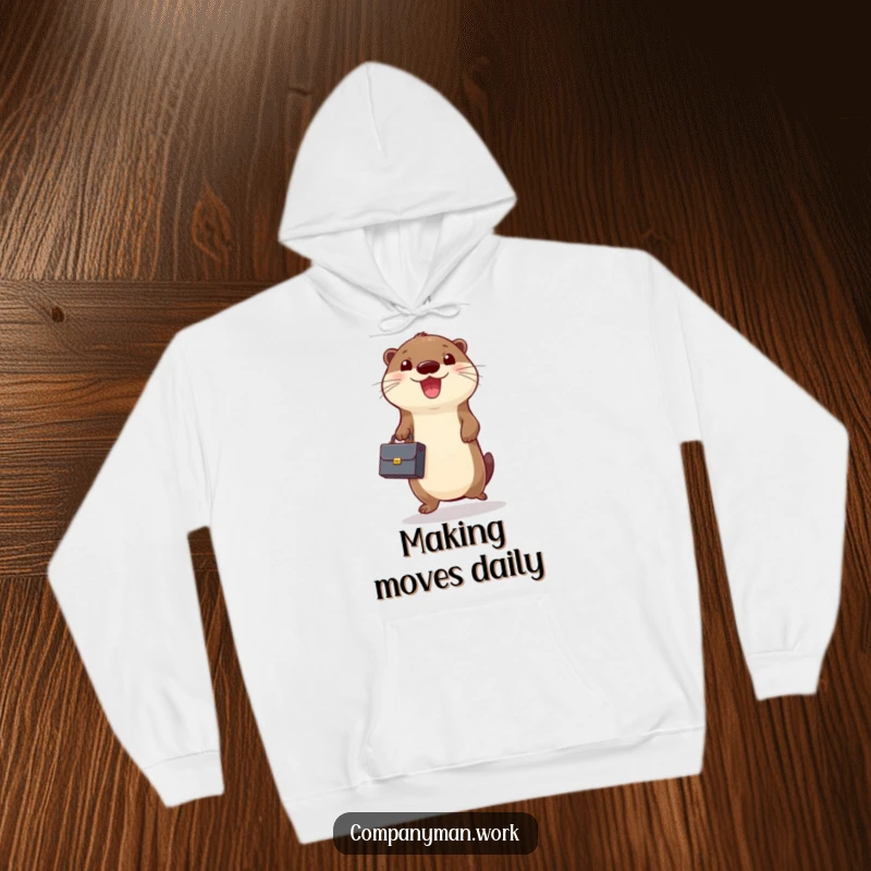 Funny hoodie depicting a cheerful otter holding a small briefcase and jumping up and down, a humorous display of success.