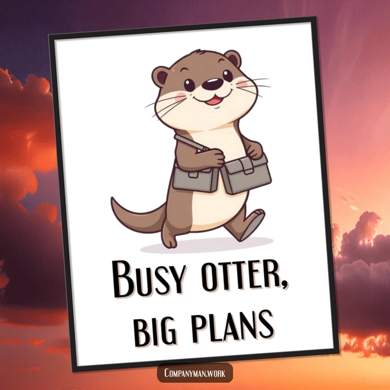 Funny Free Printable Wall Art: Happy otter wearing a tiny briefcase walks briskly with a determined stride, exuding professionalism.
