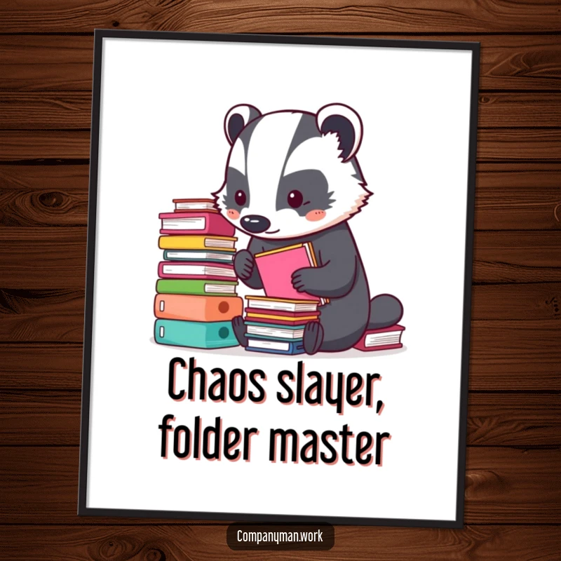Funny Free Printable Wall Art: A busy badger meticulously organizing small stacks of colorful folders, a humorous desk statement.
