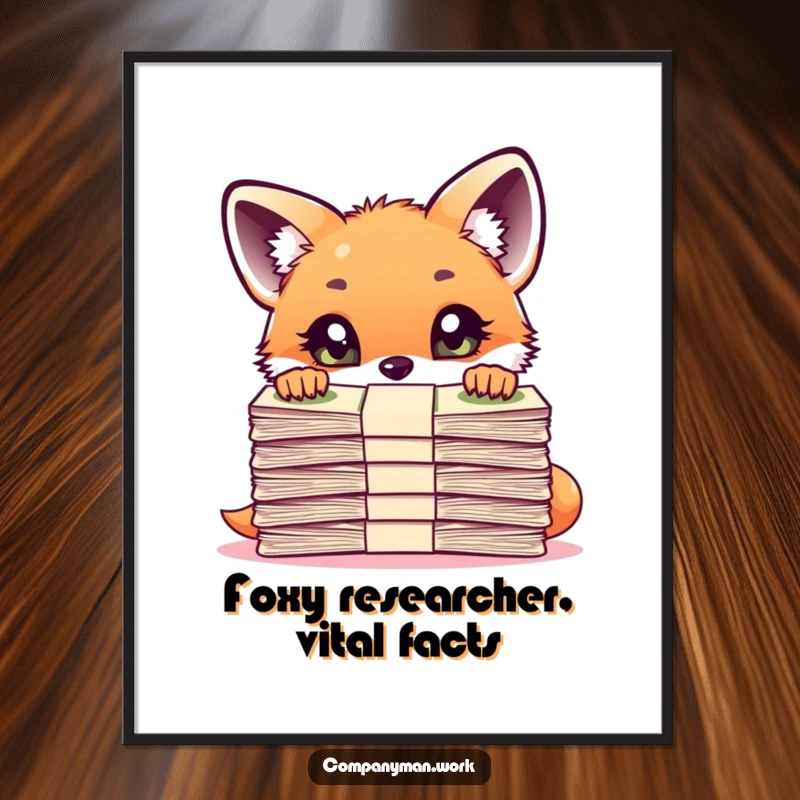 Funny Free Printable Wall Art: Curious fox cub peering over a large stack of important documents, adding intrigue.
