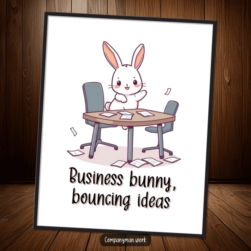 Funny Free Printable Wall Art: Playful bunny leaping onto a miniature conference table, creating delightful paper chaos.